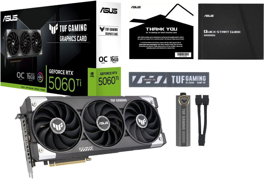 Karta graficzna ASUS TUF Gaming GeForce RTX 5060 Ti OC Edition 16GB Zawartość opakowania produktu: karta graficzna, pudełko, instrukcje, opaska na rzep i adapter zasilania na białym tle