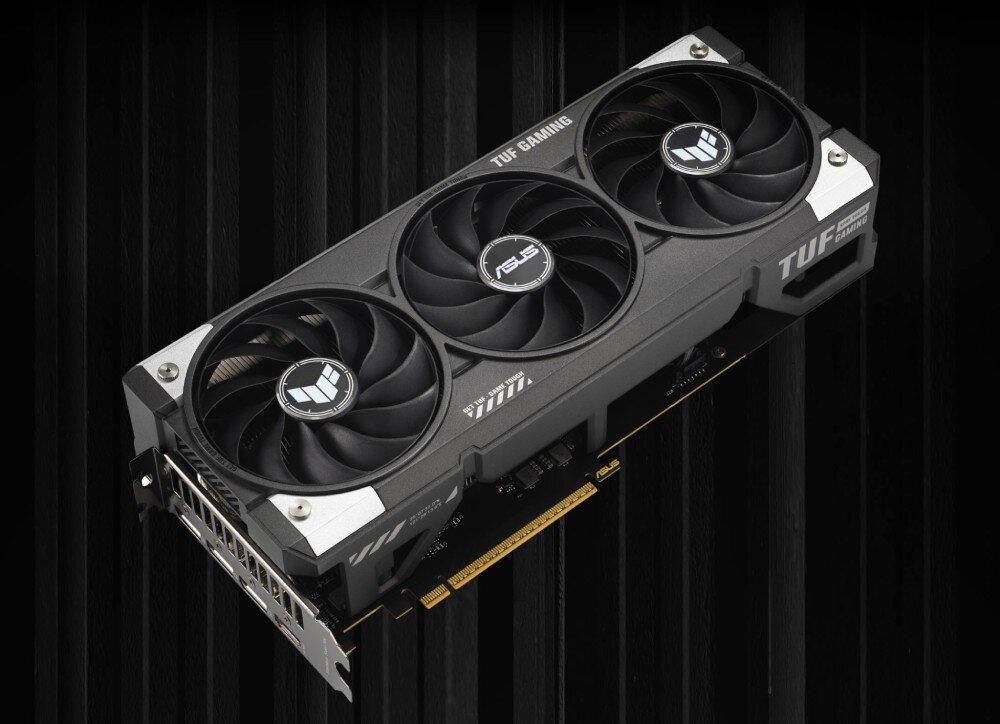 Karta graficzna ASUS TUF Gaming GeForce RTX 5060 Ti OC Edition 16GB Karta graficzna z trzema wentylatorami na czarnym, prążkowanym tle