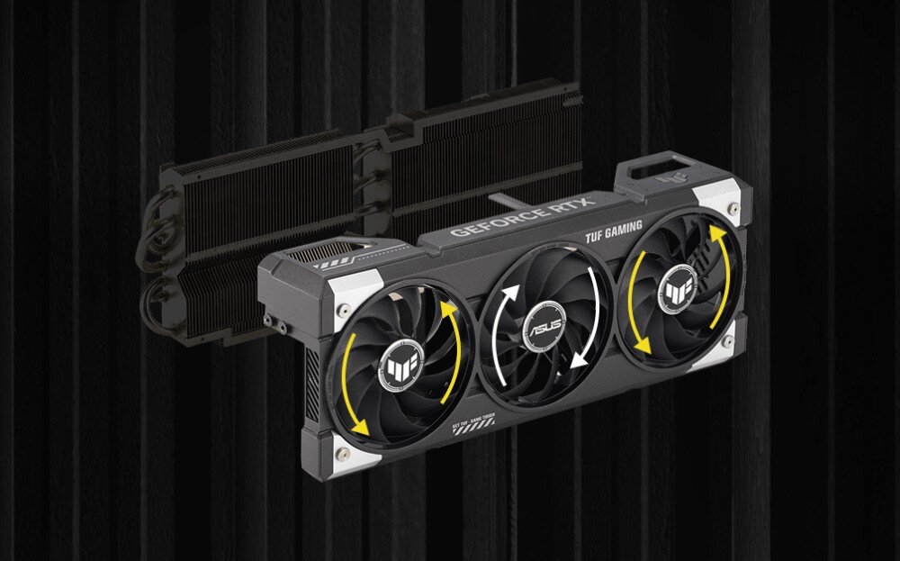 Karta graficzna ASUS TUF Gaming GeForce RTX 5060 Ti OC Edition 16GB Karta graficzna z oddzielonym radiatorem i strzałkami ilustrującymi kierunek obrotu wentylatorów na czarnym, prążkowanym tle