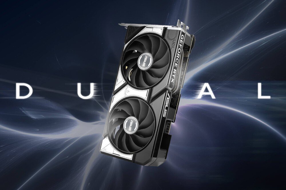 Karta graficzna ASUS GeForce RTX 5060 Ti Dual OC 16GB Karta graficzna z dwoma wentylatorami na tle niebieskich smug światła i napisu 'DUAL'