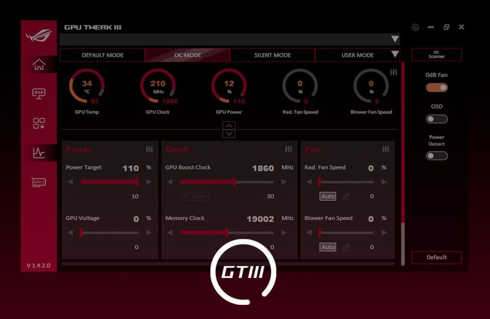 Karta graficzna ASUS GeForce RTX 5060 Ti Dual OC 16GB Interfejs oprogramowania komputerowego z okrągłymi wskaźnikami i suwakami do monitorowania pracy urządzenia