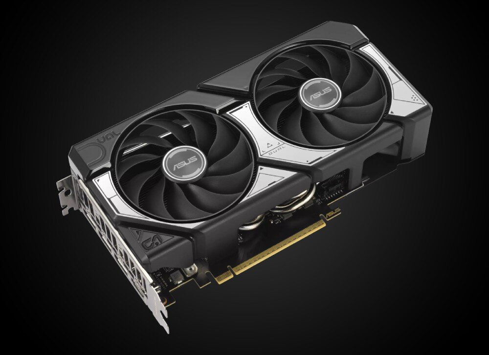 Karta graficzna ASUS GeForce RTX 5060 Ti Dual OC 16GB Karta graficzna z dwoma wentylatorami pokazana pod kątem na czarnym tle