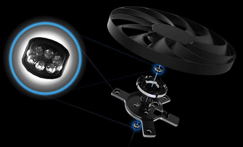 Karta graficzna ASUS GeForce RTX 5060 Ti Dual OC 16GB Schematyczna ilustracja budowy wentylatora z wyszczególnionymi łożyskami kulkowymi