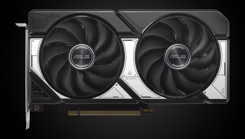 Karta graficzna ASUS GeForce RTX 5060 Ti Dual OC 16GB Widok od przodu na kartę graficzną z dwoma czarnymi wentylatorami i srebrnymi detalami na obudowie