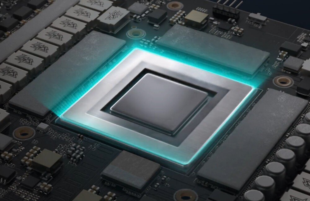 Karta graficzna ASUS GeForce RTX 5060 Ti Dual OC 16GB Zbliżenie na procesor graficzny umieszczony na płytce drukowanej z niebieską poświatą wokół rdzenia