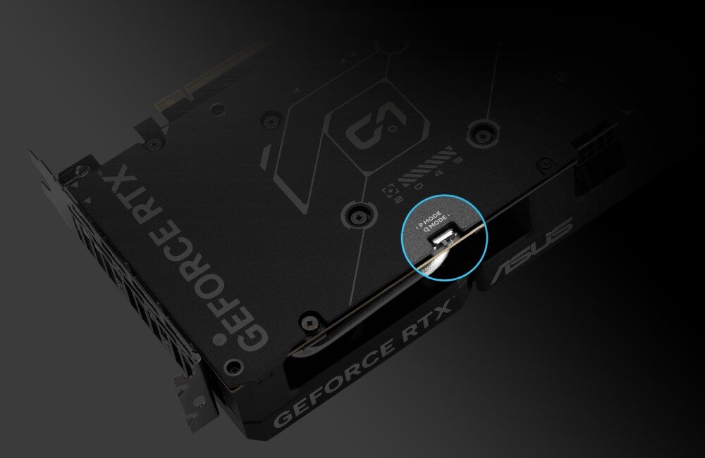 Karta graficzna ASUS GeForce RTX 5060 Ti Dual OC 16GB Fragment tylnej części karty graficznej z widocznym przełącznikiem trybów 'P MODE' i 'Q MODE'