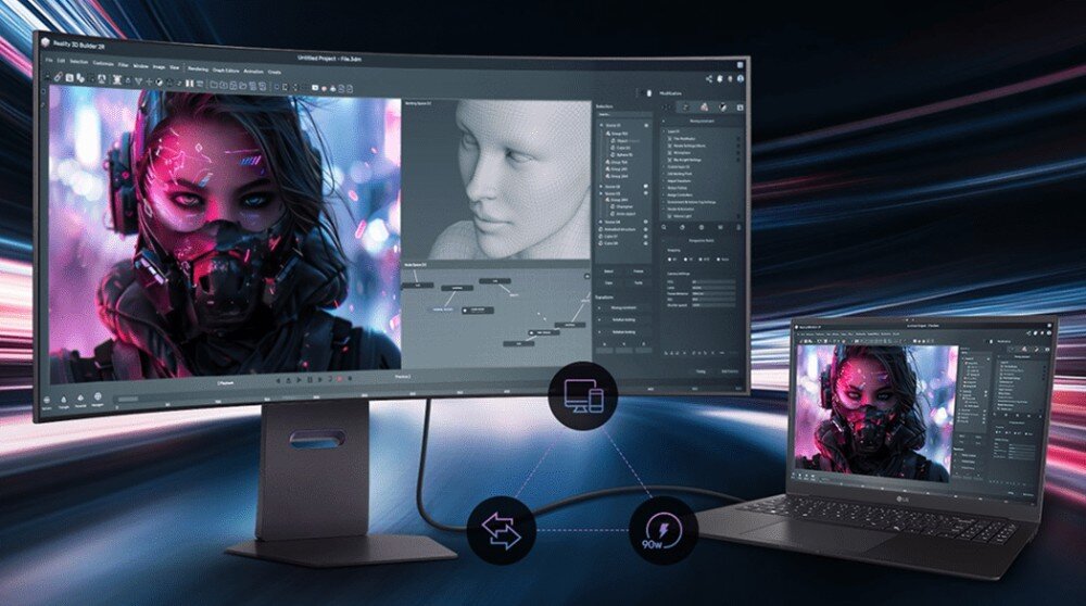 Monitor LG UltraGear 45GX950A-B.AEU Monitor podłączony do laptopa wyświetlający oprogramowanie do grafiki 3D. Na ekranie postać kobiety w masce i model 3D twarzy. Pomiędzy urządzeniami pokazano schemat połączenia USB-C i ładowania 90W, porty, wyjścia, ładowanie, podłączenie
