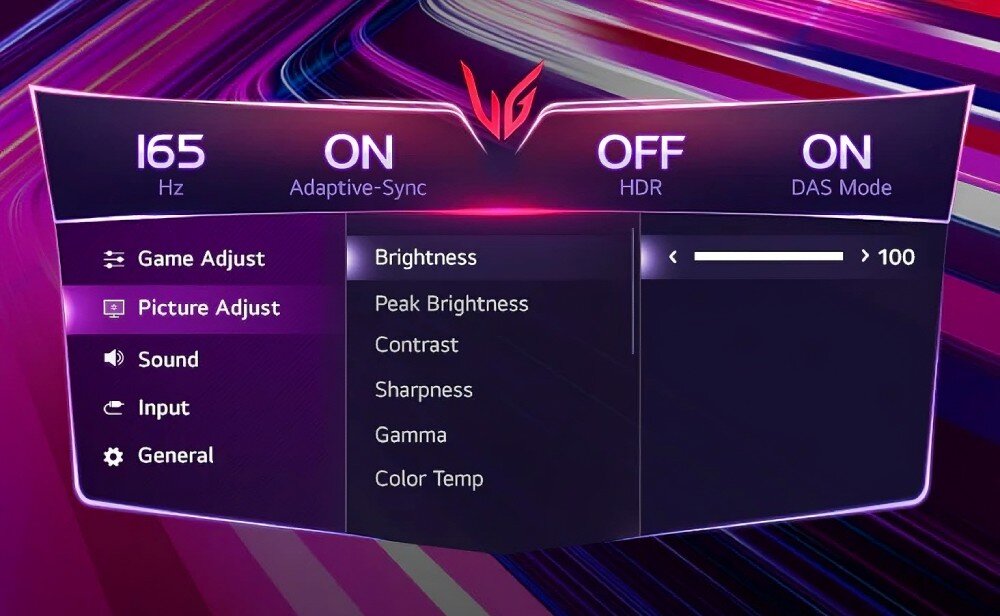 Monitor LG UltraGear 45GX950A-B.AEU Ekran menu ustawień monitora z wybranym zakładką 'Picture Adjust'. Widoczne opcje regulacji jasności, kontrastu, ostrości, gammy i temperatury barwowej. Częstotliwość odświeżania ustawiona na 165 Hz, ustawienia, parametry, ochrona panelu OLED