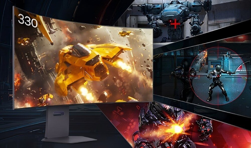 Monitor LG UltraGear 45GX950A-B.AEU Monitor pokazujący grę science fiction z żółtym statkiem kosmicznym. Obok trzy mniejsze sceny z celownikiem i robotami. W lewym górnym rogu napis '330', funkcje dla graczy, celownik, licznik FPS