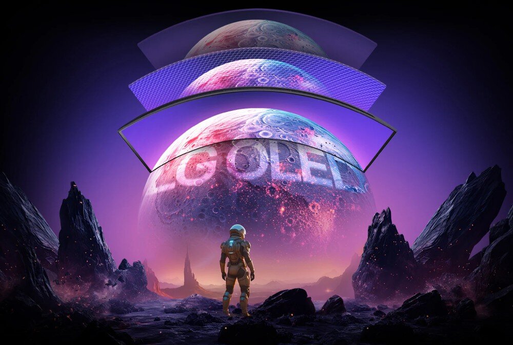 Monitor LG UltraGear 45GX950A-B.AEU Ilustracja astronauty patrzącego na planetę z napisem 'LG OLED'. Nad planetą trzy przezroczyste warstwy symbolizujące technologię ekranu, matryca, jasność, dokładność barw