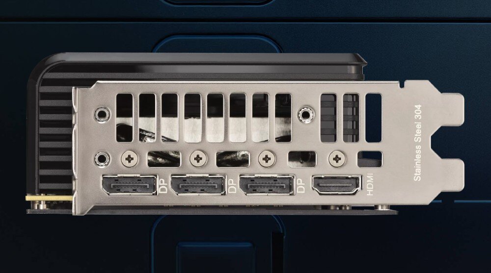 Karta graficzna ASUS GeForce RTX 5060 Ti Prime OC 8GB Metalowy wspornik montażowy z wygrawerowanym napisem Stainless Steel 304 oraz czterema wyjściami wideo