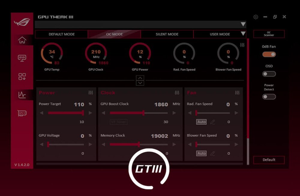 Karta graficzna ASUS GeForce RTX 5060 Ti Prime OC 8GB Interfejs oprogramowania GPU Tweak III w ciemnej kolorystyce z czerwonymi wskaźnikami parametrów pracy
