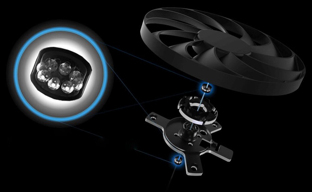 Karta graficzna ASUS GeForce RTX 5060 Ti Prime OC 8GB Schemat rozłożonego wentylatora eksponujący budowę wirnika oraz podwójne łożysko kulkowe