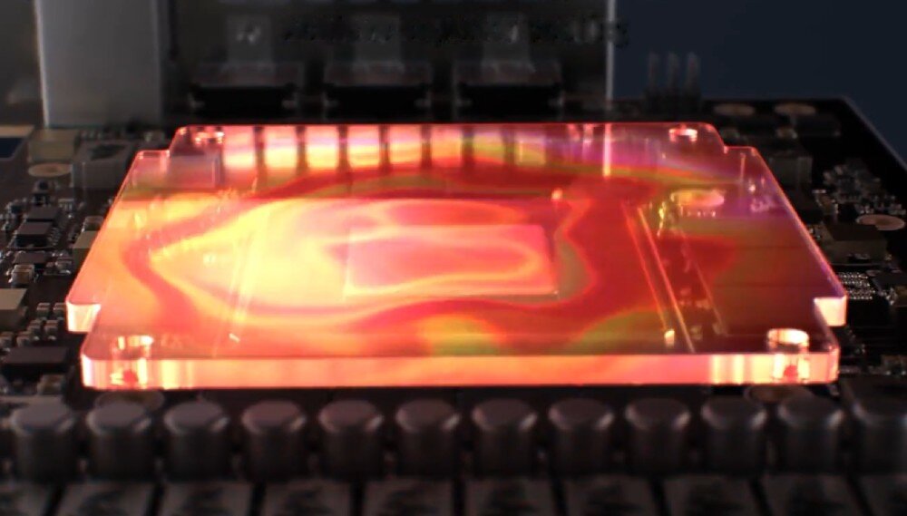 Karta graficzna ASUS GeForce RTX 5060 Ti Prime OC 8GB Wizualizacja termiczna w kolorach czerwieni i żółci pokazująca rozkład ciepła na podstawce radiatora