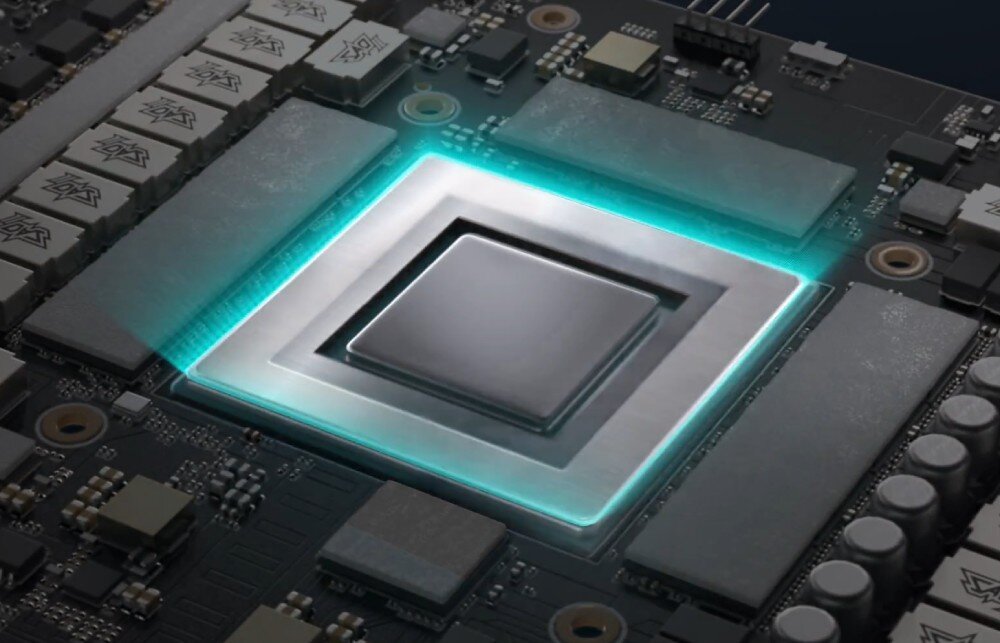 Karta graficzna ASUS GeForce RTX 5060 Ti Prime OC 8GB Centralnie umieszczony procesor graficzny otoczony kośćmi pamięci i elementami zasilania