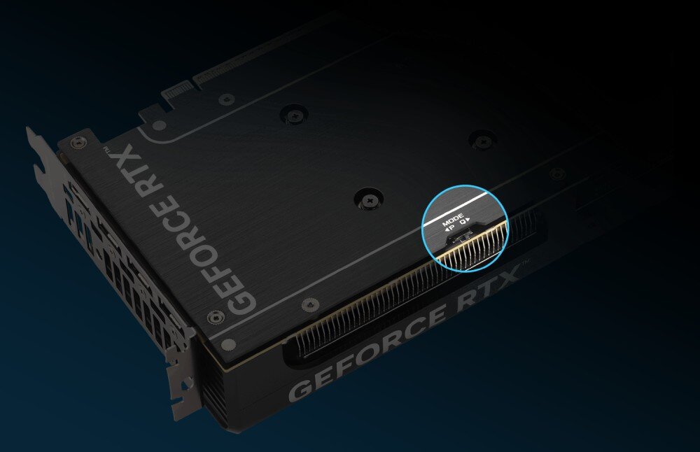 Karta graficzna ASUS GeForce RTX 5060 Ti Prime OC 8GB Zbliżenie na przełącznik Dual BIOS z oznaczeniami trybów P i Q znajdujący się na krawędzi płytki