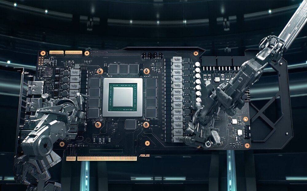 Karta graficzna ASUS GeForce RTX 5060 Ti Prime OC 8GB Zrobotyzowane ramiona montujące podzespoły na płytce drukowanej w procesie automatycznej produkcji