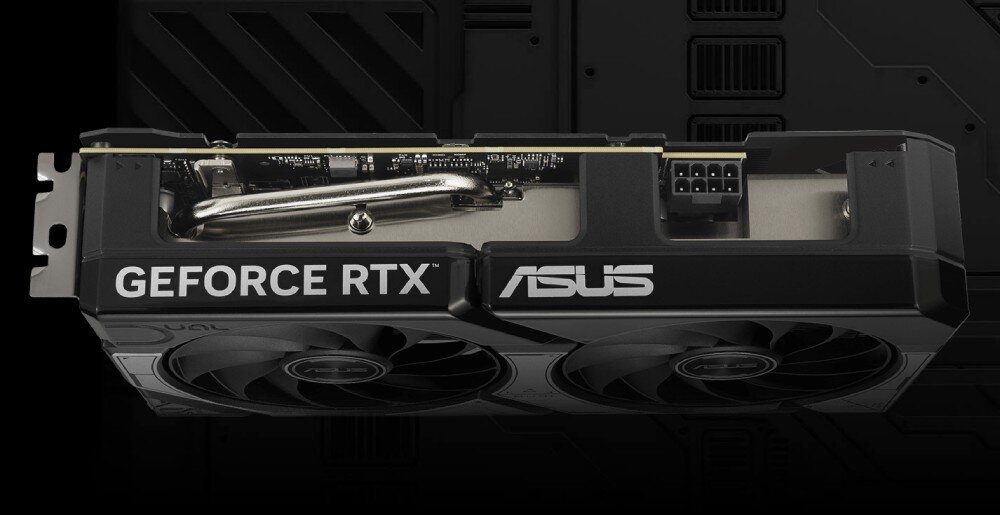 Karta graficzna ASUS GeForce RTX 5060 Ti Dual OC 8GB Górny widok na kartę graficzną z widocznym logo 'GEFORCE RTX' i 'ASUS' oraz odkrytym fragmentem radiatora i złączem zasilania 8-pin, cechy, parametry, taktowanie, rdzenie CUDA, pamięć
