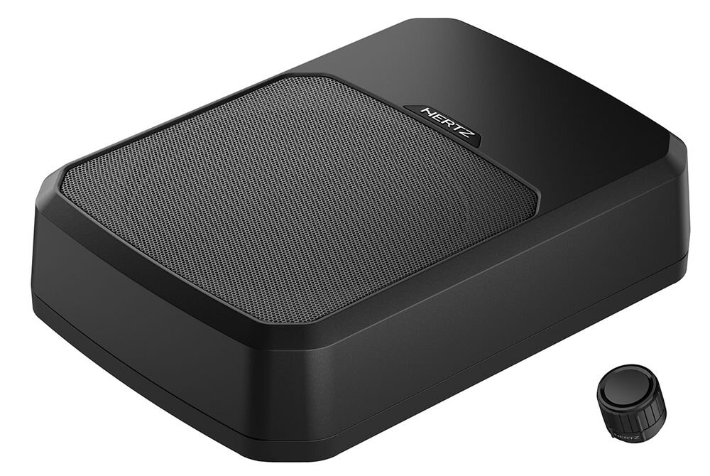 HERTZ DBA 201F aktywny subwoofer, superpłaska obudowa, symulacja FEM, 8-calowy przetwornik, urządzenie na białym tle