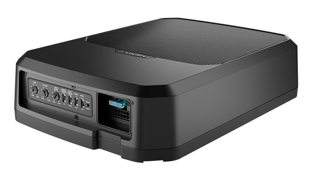 HERTZ DBA 201F subwoofer samochodowy, automatyczne wykrywanie sygnału audio, tryb gotowości, zdalne sterowanie, urządzenie na białym tle