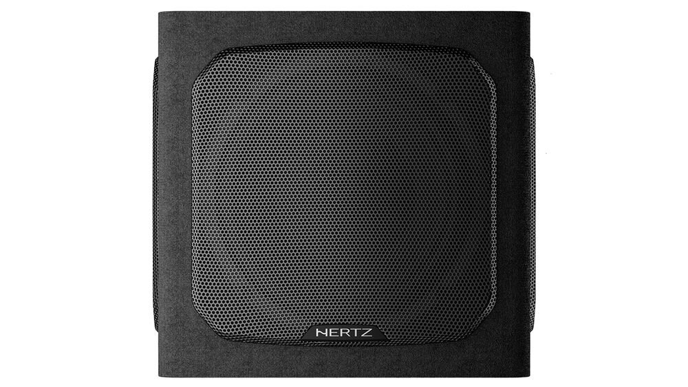 Subwoofer HERTZ DBA 201 sygnały wysokopoziomowe 30 V RCA USS OEM zasilanie 6,5–18 V pasmo 32–400 Hz, subwoofer na białym tle