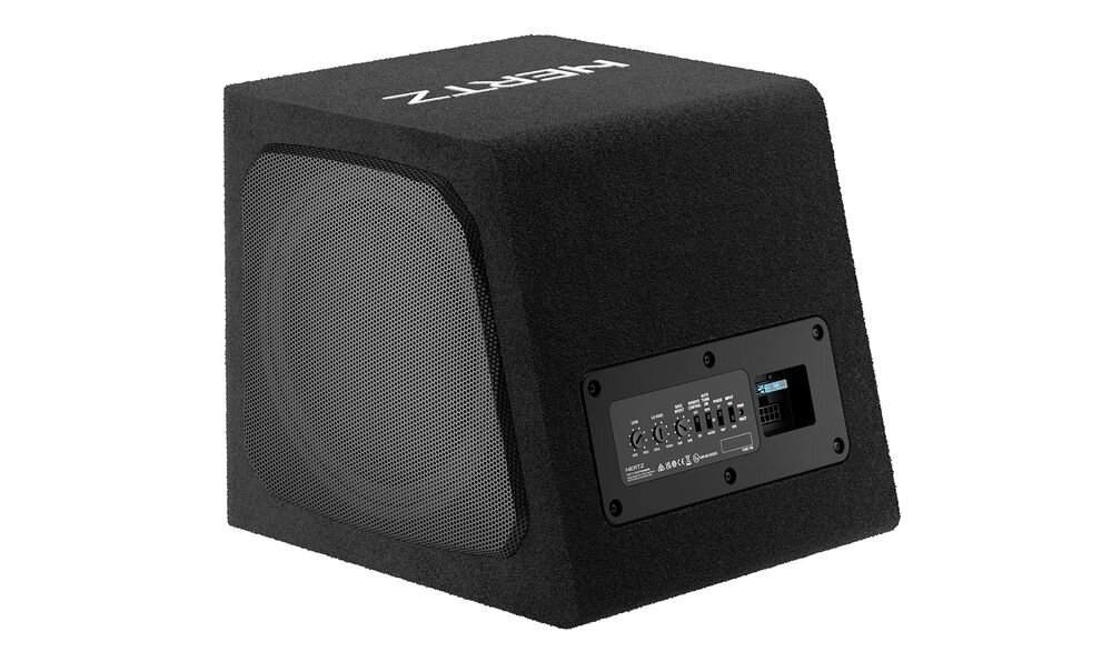 Subwoofer HERTZ DBA 201 pilot HRC 01 regulacja głośności -15 dB do 0 dB montaż w desce rozdzielczej, subwoofer na białym tle
