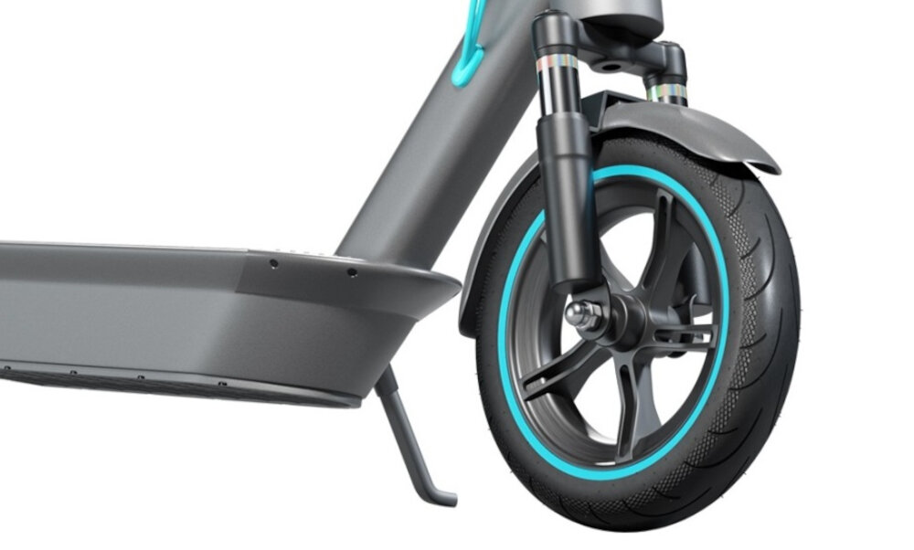 Hulajnoga elektryczna MOTUS Scooty 10 Plus Grafitowy dwa pelne kola srednica 10 cali z wysokogatunkowej gumy odpornej na uszkodzenia mechaniczne swoboda plynnego poruszania sie