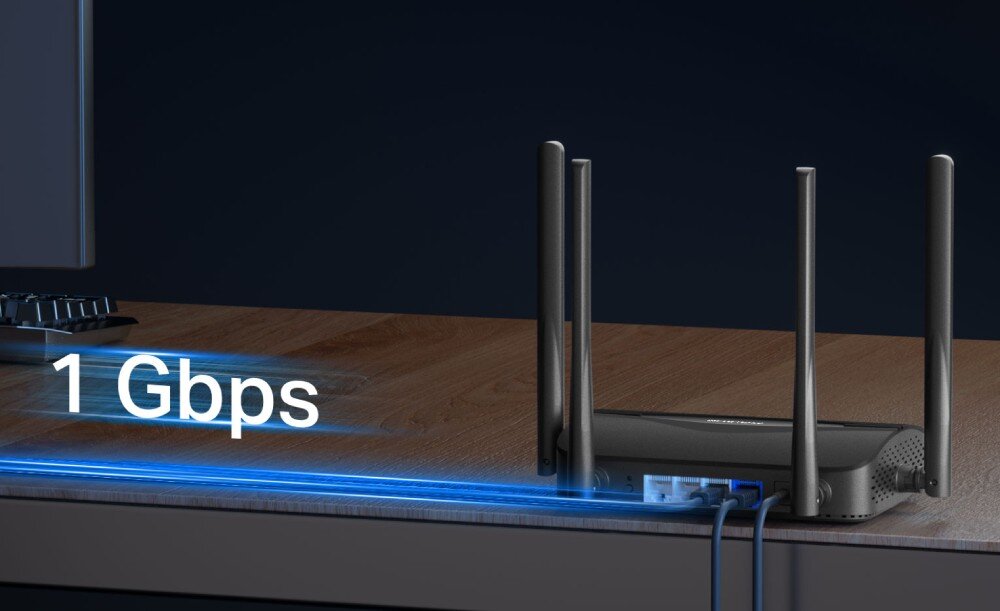 Router MERCUSYS MR25BE Tył czarnego routera stojącego na drewnianym blacie, do portów sieciowych wpada świetlista niebieska smuga z napisem '1 Gbps', co obrazuje szybką transmisję danych po kablu
