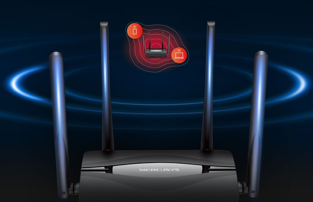 Router MERCUSYS MR25BE Front czarnego routera z czterema antenami na ciemnym tle, urządzenie emituje niebieskie kręgi zasięgu, a nad nim widoczne są czerwone ikony telefonu i laptopa symbolizujące aktywne połączenie bezprzewodowe