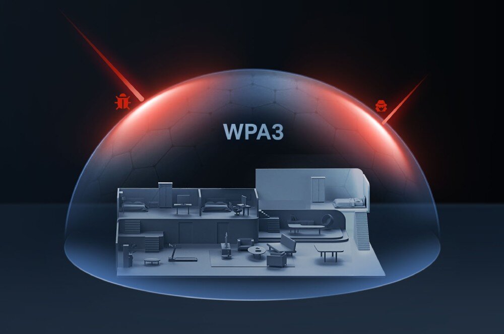 Router MERCUSYS MR25BE Porównawczy schemat przekroju dwupiętrowego domu, po lewej stronie widoczne są strefy bez zasięgu, a po prawej router emitujący silne czerwone fale sygnału docierające do każdego pomieszczenia