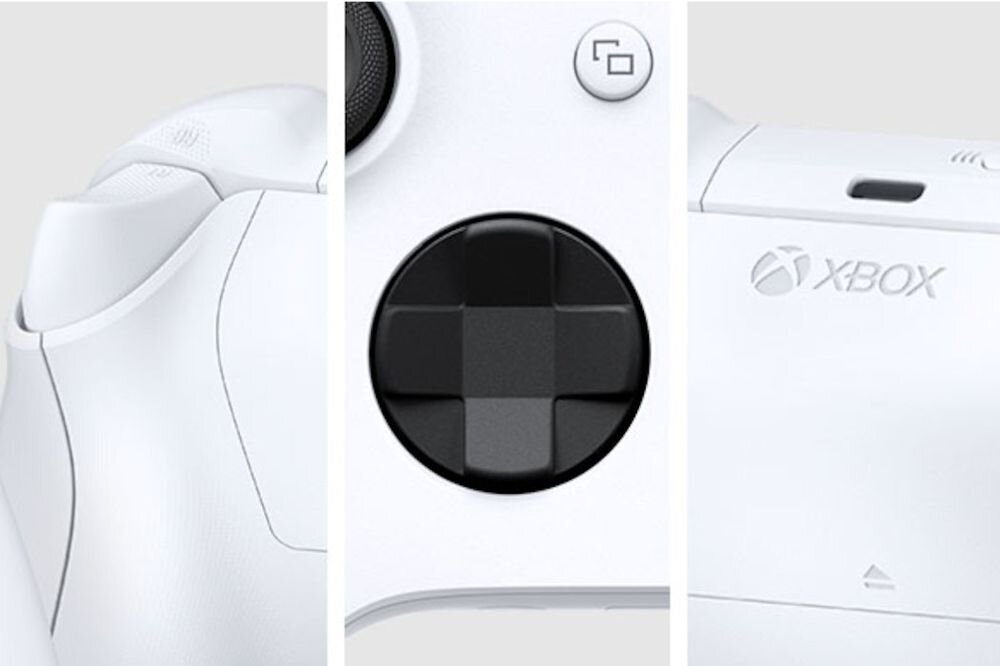 Obraz przedstawia trzy zbliżenia białego kontrolera do gier. Widoczne są przyciski, krzyżak oraz logo Xbox.