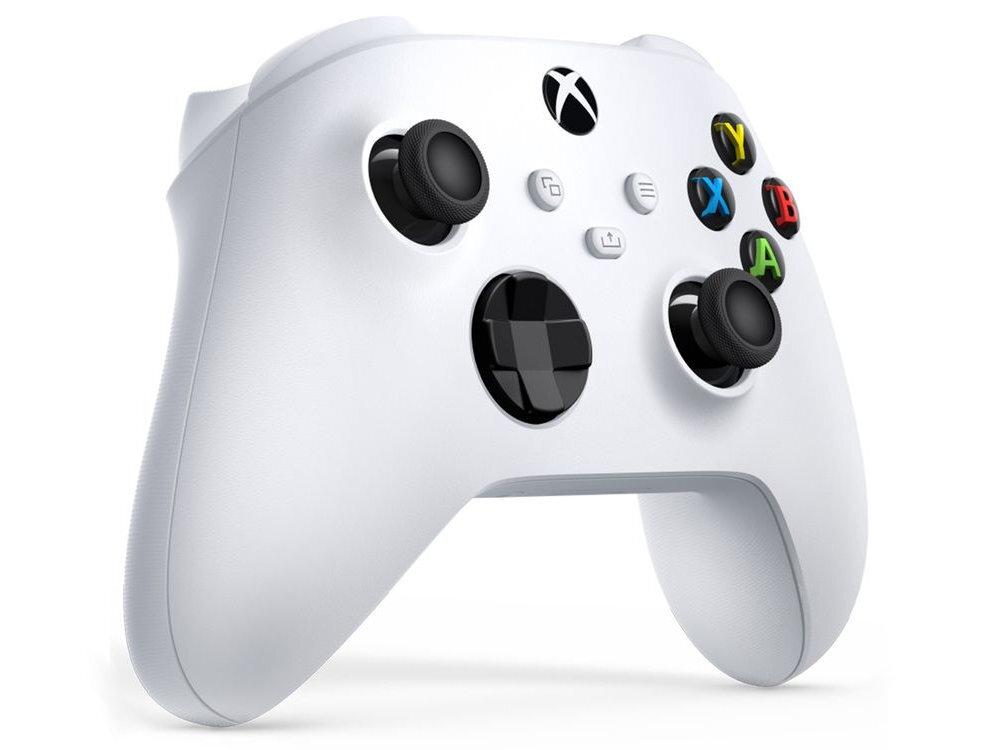 Biały kontroler do gier z czarnymi przyciskami i kolorowymi oznaczeniami liter X, Y, B, A. Na kontrolerze widoczne jest logo Xbox.