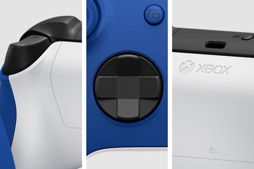 Kontroler MICROSOFT Xbox Microsoft Xbox  18 przycisków, hybrydowy pad kierunkowy oraz teksturowane powierzchnie na bumperach i tylnej części obudowy - zbliżenie na przyciski i logo xbox