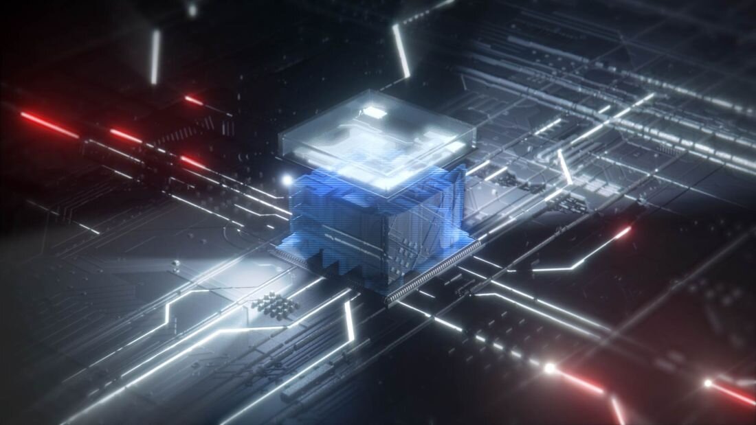 Procesor z zaawansowanymi układami elektronicznymi na niebieskiej płycie głównej z efektami świetlnymi i czerwonymi akcentami, wizualizacja technologii HP Sure Start Gen7 zapewniającej bezpieczeństwo sprzętowe w laptopach HP EliteBook X Flip G1i. - HP Sure Start Gen7