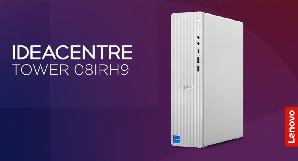 Komputer LENOVO IdeaCentre Tower 08IRH9 Biała obudowa komputera z pionowymi żłobieniami na froncie, obok napis 'IDEACENTRE Tower 08IRH9' na tle fioletowo-czerwonego gradientu, opis