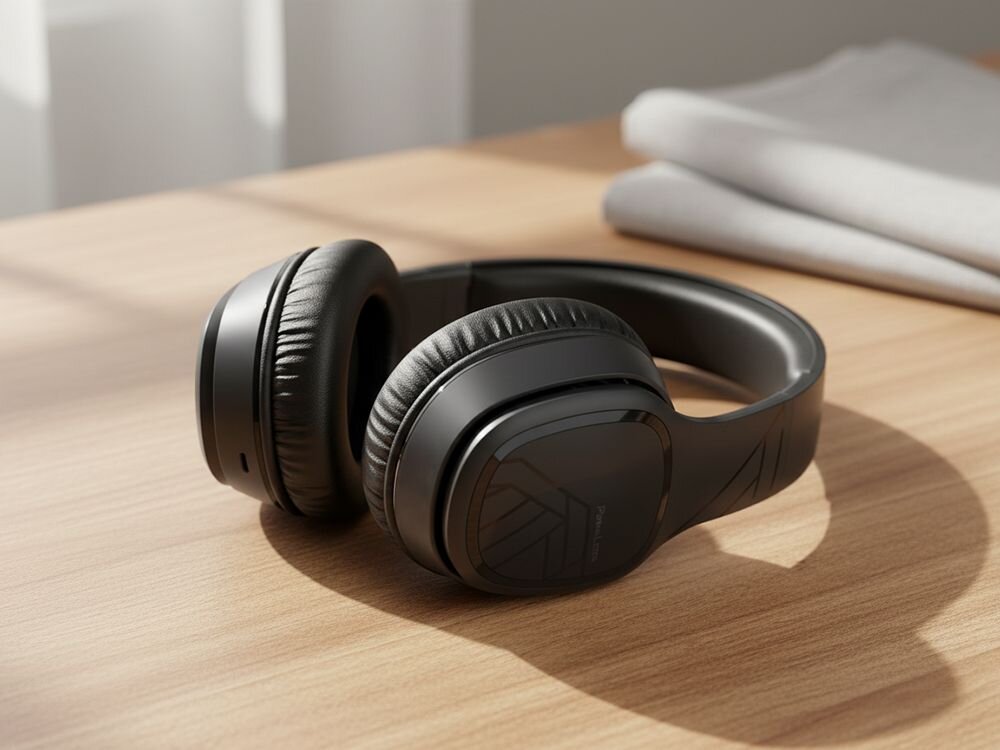 Słuchawki nauszne POWERLOCUS P7 do codziennego słuchania, wygodne słuchawki Bluetooth over-ear, słuchawki leżące na blacie w pomieszczeniu