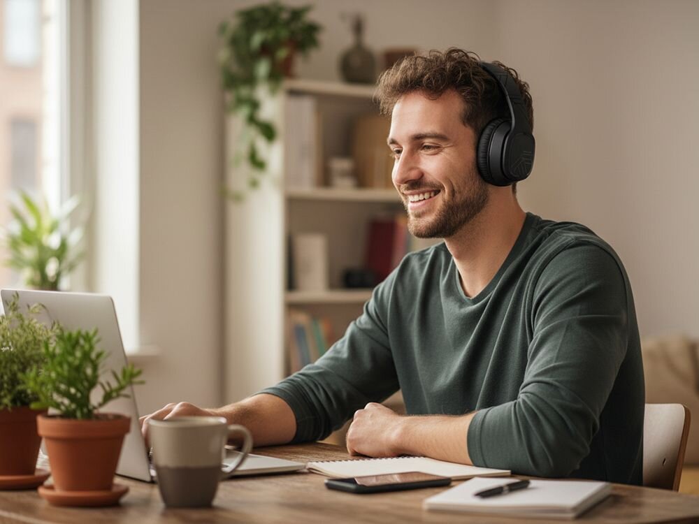 Słuchawki nauszne POWERLOCUS P7 przetworniki 40 mm, głęboki bas i szczegółowe brzmienie, osoba siedząca przy stole w słuchawkach nausznych