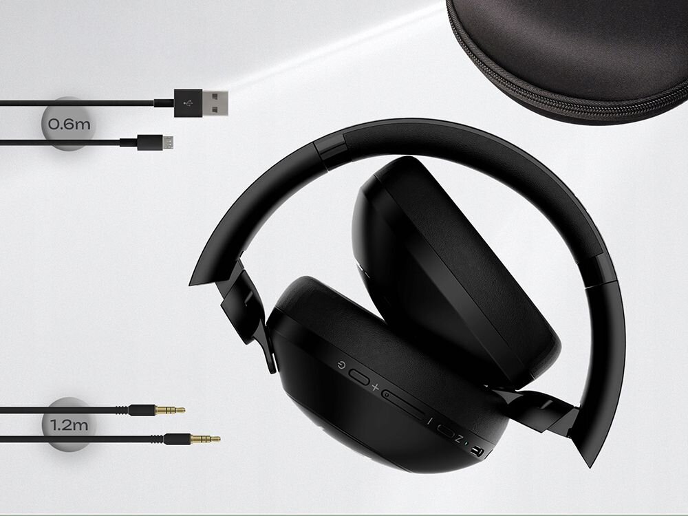 Słuchawki nauszne POWERLOCUS Orion dźwięk Hi-Fi głęboki bas przetworniki 40 mm, złożone słuchawki na białym tle