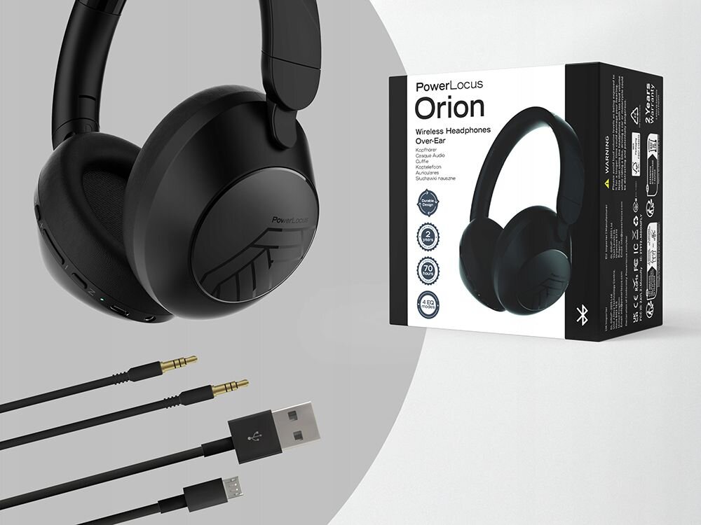 Słuchawki POWERLOCUS Orion memory foam komfort over-ear obrotowe muszle, słuchawki po skosie na szarym tle
