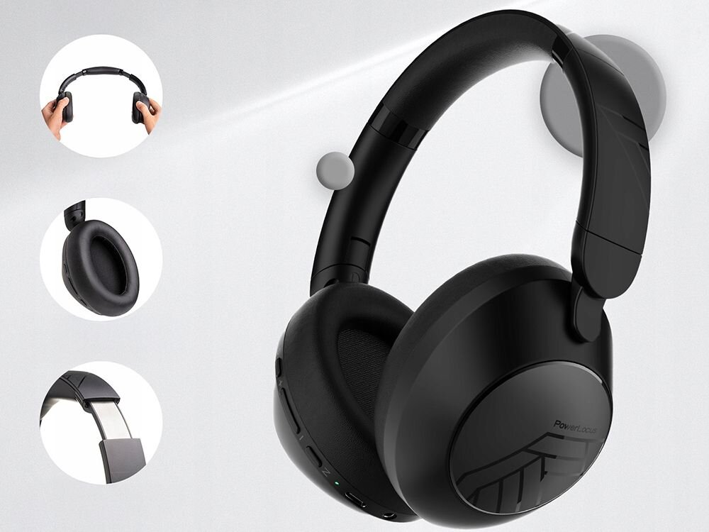Słuchawki POWERLOCUS Orion pasmo 20-20kHz AAC SBC Bluetooth AUX, słuchawki nauszne po skosie na szarym tle