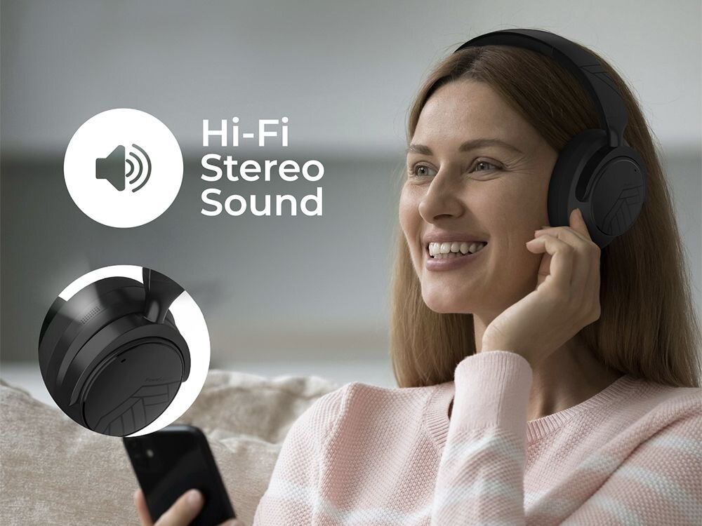 Słuchawki nauszne POWERLOCUS MoonFly memory foam ergonomiczny pałąk komfort, osoba z założonymi słuchawkami nausznymi