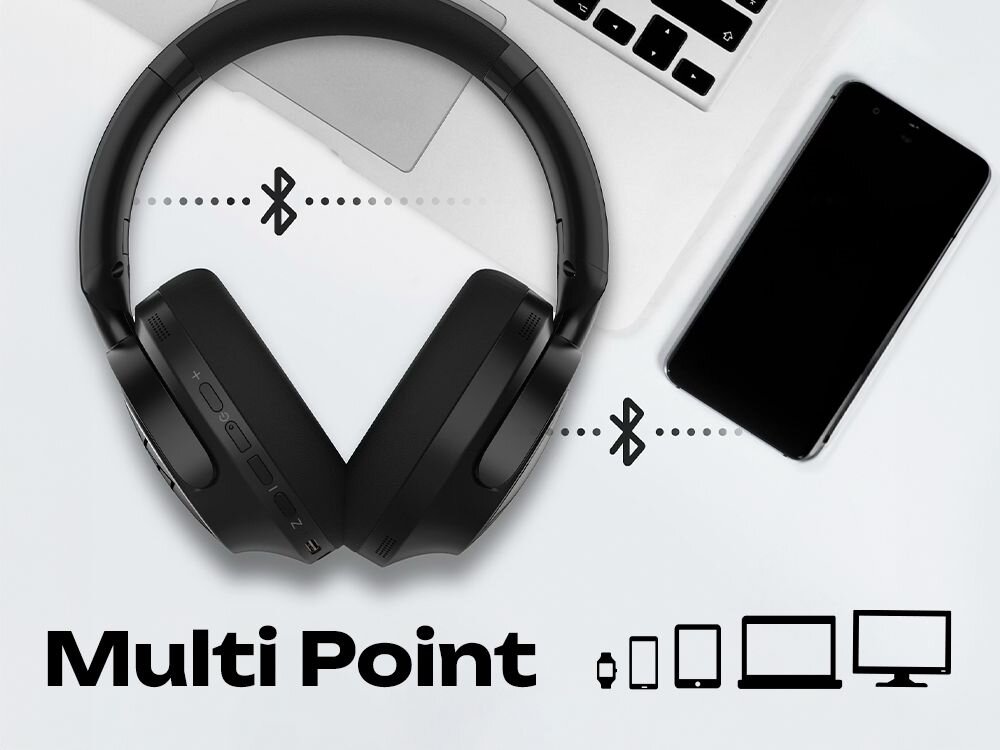 Słuchawki nauszne POWERLOCUS MoonFly 70 godzin Bluetooth 5.4 USB-C, słuchawki oraz telefon na białym tle