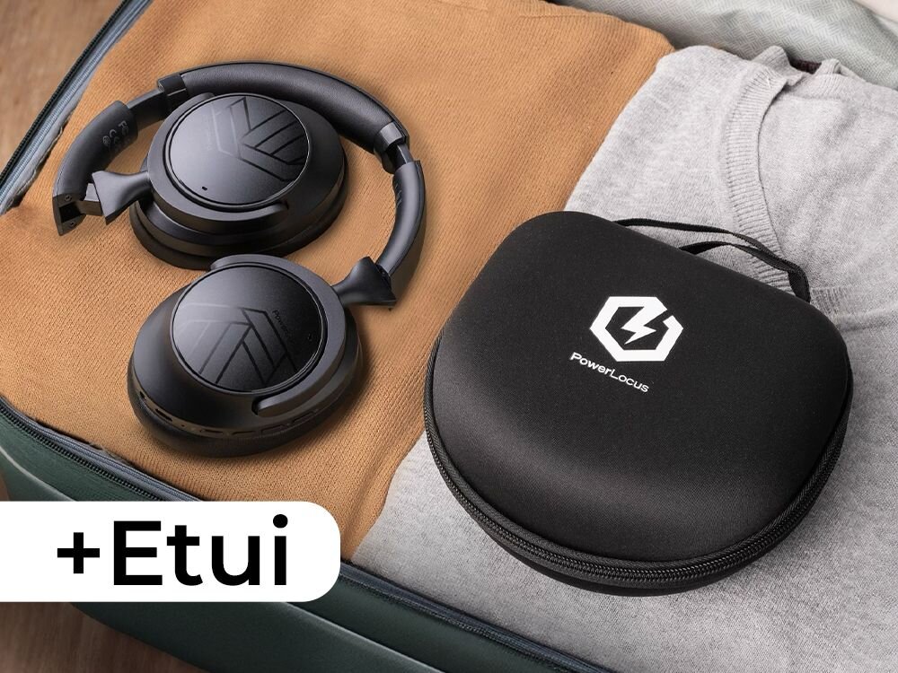 Słuchawki nauszne POWERLOCUS MoonFly AAC SBC tryby EQ Gaming parametry dźwięku, słuchawki leżące wraz z etui na walizce podróżnej