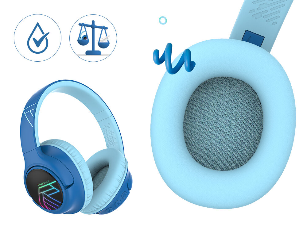 POWERLOCUS Bobo Bluetooth 5.3 AUX zasięg 20 metrów słuchawki bezprzewodowe dzieci, słuchawki nauszne po skosie na białym tle, kadr nausznika