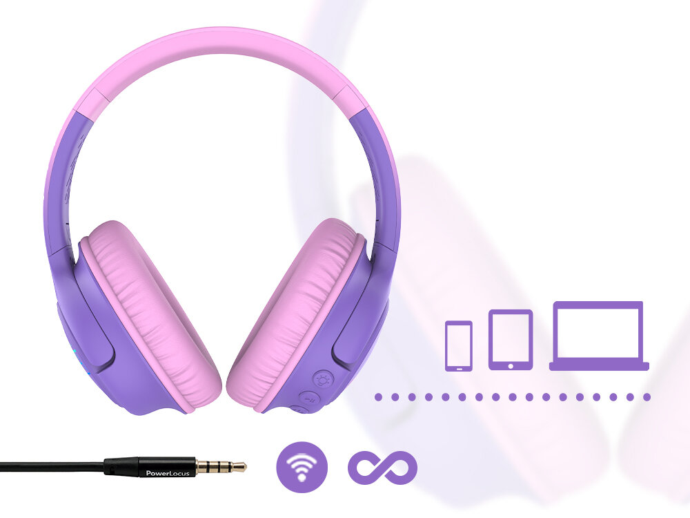 POWERLOCUS Bobo Bluetooth 5.3 AUX zasięg 20 metrów słuchawki bezprzewodowe dzieci, słuchawki nauszne od frontu na białym tle