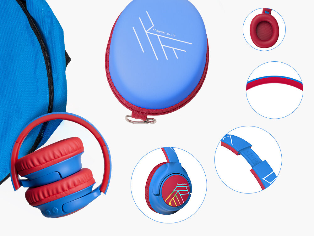 POWERLOCUS Bobo składane słuchawki dla dzieci wytrzymałe prezent kabel USB-C AUX w zestawie, złożone słuchawki nauszne, etui, różne kadry słuchawek,