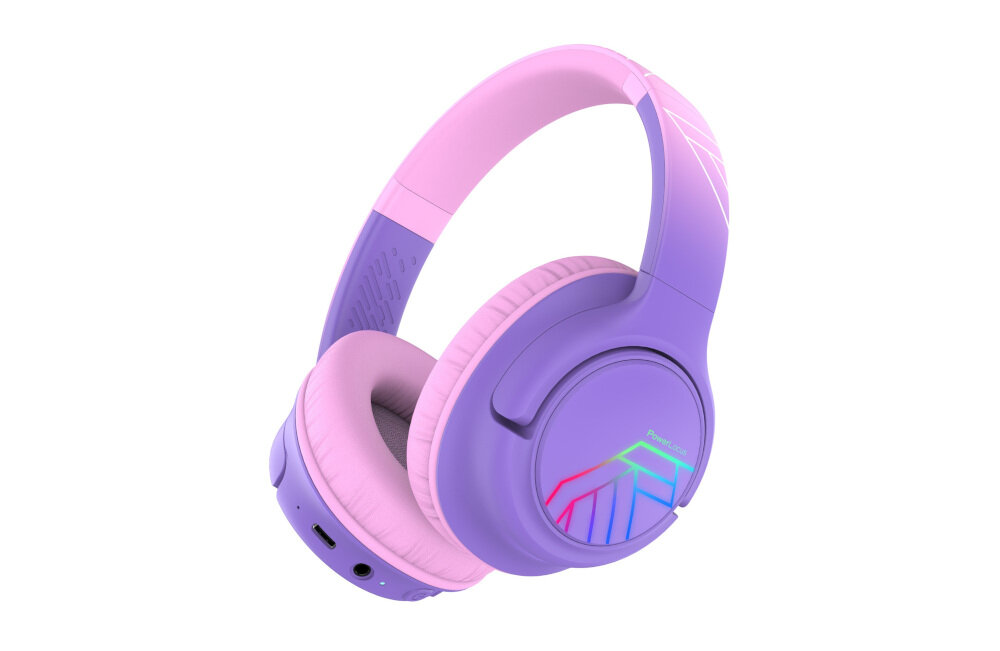 POWERLOCUS Bobo słuchawki dla dzieci Bluetooth LED 74 85 94 dB bezpieczne bez BPA, słuchawki nauszne po skosie na białym tle