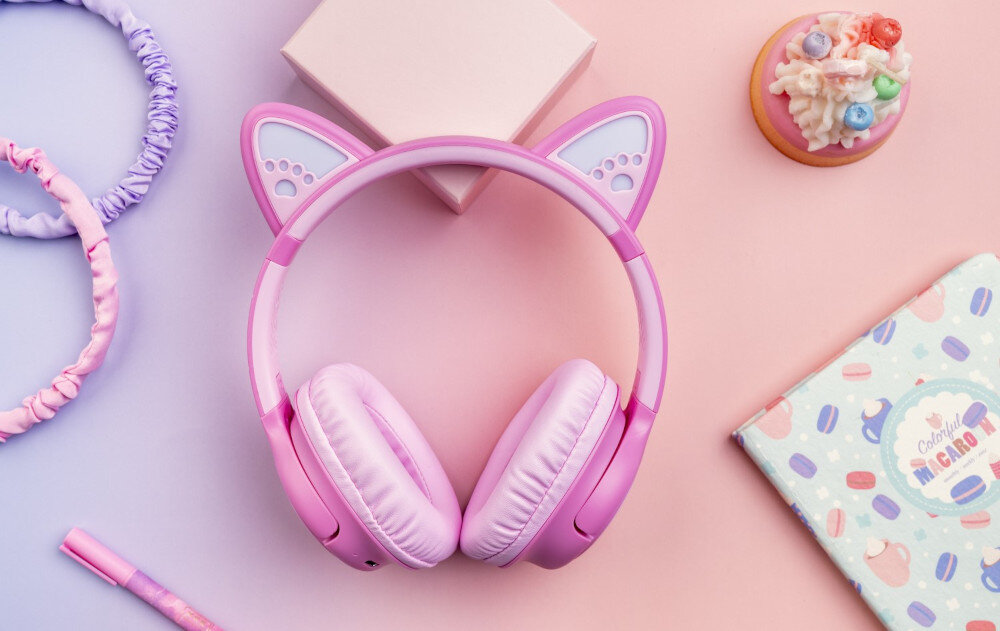 POWERLOCUS Bobo słuchawki dla dzieci Bluetooth LED 74 85 94 dB bezpieczne bez BPA, słuchawki nauszne leżące na blacie