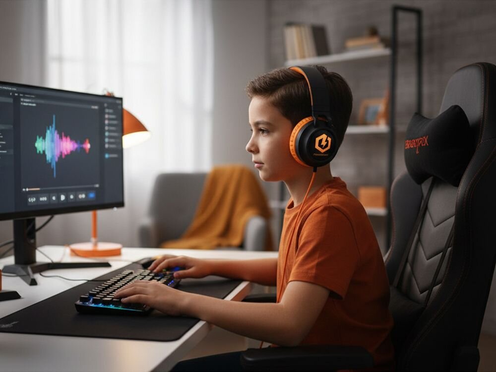 Słuchawki nauszne POWERLOCUS Buddy Kids z LED dla dzieci kolorowe i funkcjonalne, dziecko z założonymi słuchawkami nausznymi