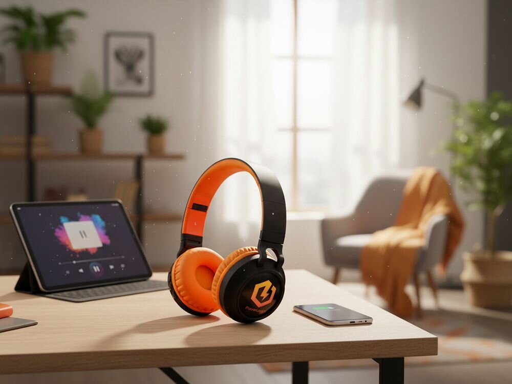 Słuchawki nauszne POWERLOCUS Buddy Kids z regulacją głośności 74-94 dB dla dzieci, słuchawki po skosie stojące na blacie